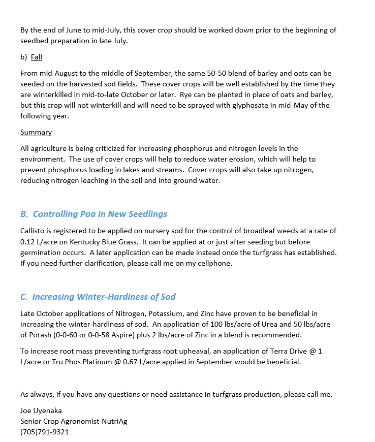 The image is a document providing agronomic advice on cover crops, weed control in new seedlings, and increasing winter-hardiness of sod.