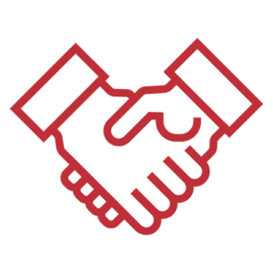 An outline of two hands engaged in a handshake, symbolizing agreement or partnership, depicted in a simple red line art style.