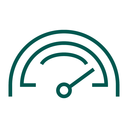 The image shows a simple line drawing of a speedometer with a needle pointing to the right, indicating a high reading or level.