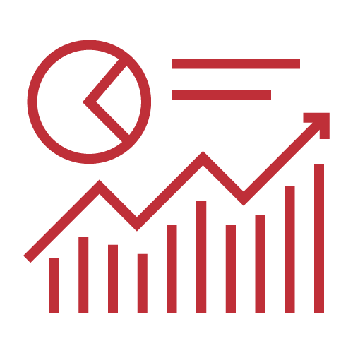 A red line graph with an upward trend, bar graph, and pie chart is depicted, illustrating data analysis and growth statistics.