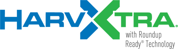 Logo displaying "HARVXTRA" in blue and green text, with a subtitle in black reading "with Roundup Ready® Technology" on a white background.