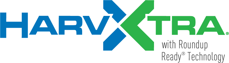 Logo displaying "HARVXTRA" in blue and green text, with a subtitle in black reading "with Roundup Ready® Technology" on a white background.