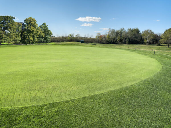 A well-maintained, aerated golf green on a sunny day with surrounding trees under a blue sky. No landmarks, people, or historical buildings visible.