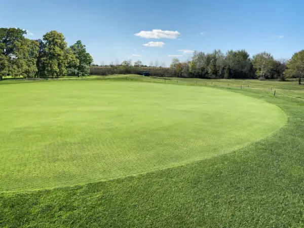 A well-maintained, aerated golf green on a sunny day with surrounding trees under a blue sky. No landmarks, people, or historical buildings visible.