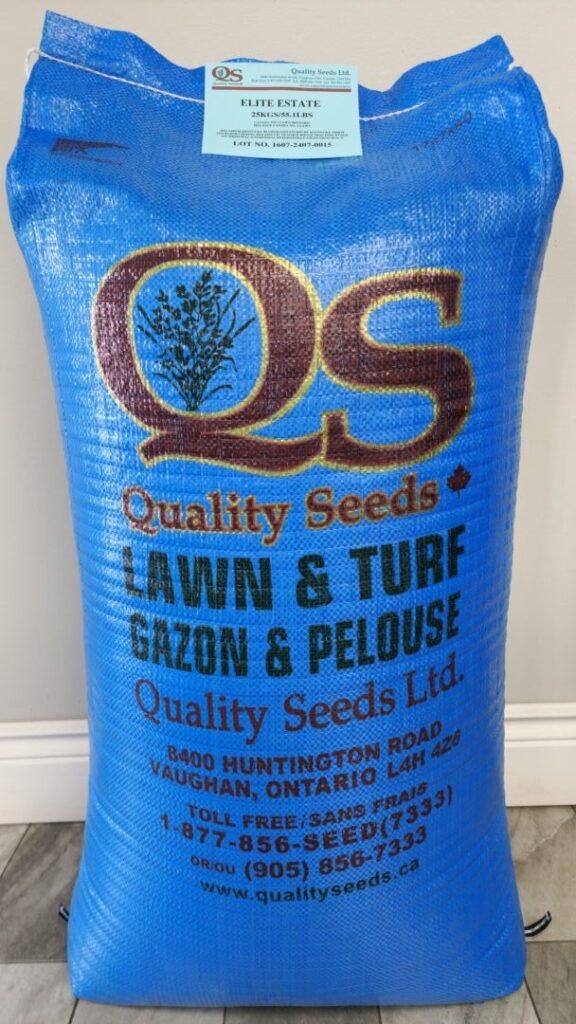 A blue bag of "Quality Seeds Ltd." lawn and turf seed. The company's address and contact information are printed on the front.