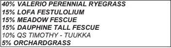 A list detailing grass seed contents, including Valerio Perennial Ryegrass, Lofa Festulolium, Meadow Fescue, Dauphine Tall Fescue, QS Timothy - Tuukka, and Orchardgrass.