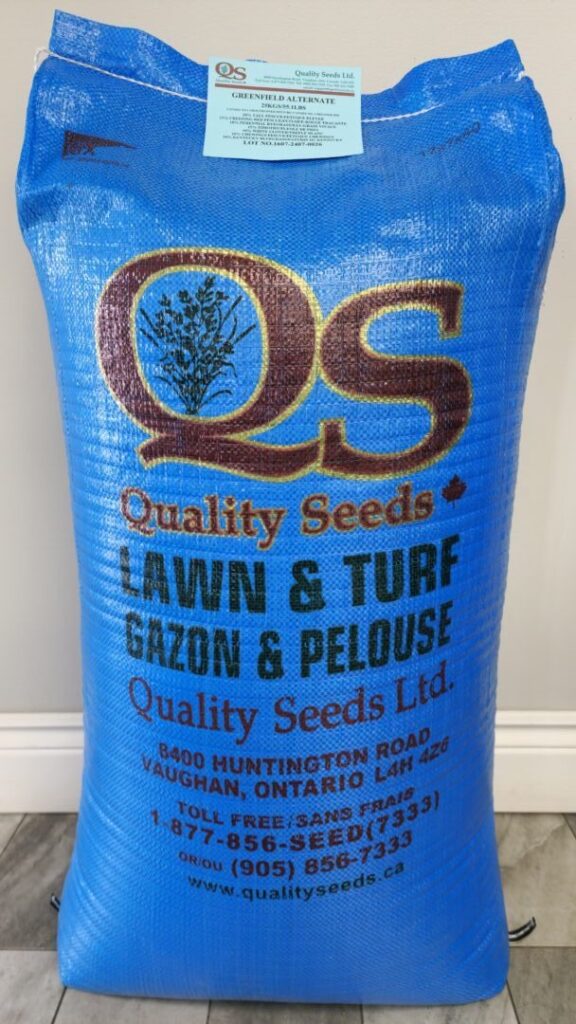 A blue bag of lawn and turf seeds from Quality Seeds Ltd. displays contact information, including a phone number and address in Vaughan, Ontario.