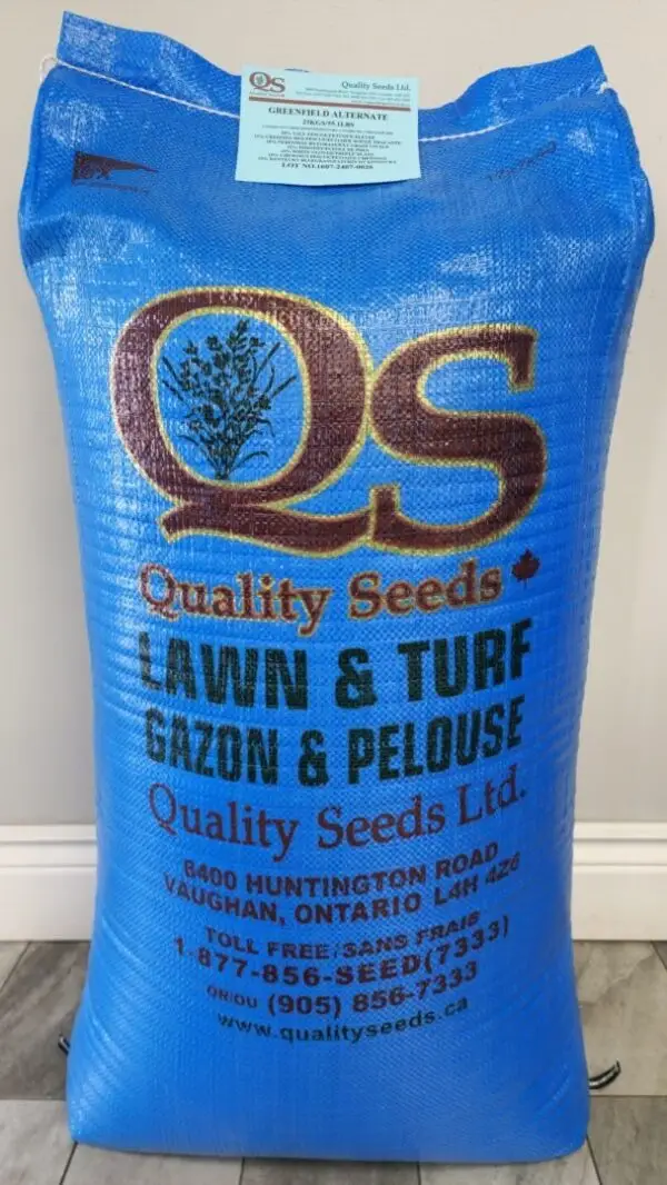 A blue bag of lawn and turf seeds from Quality Seeds Ltd. displays contact information, including a phone number and address in Vaughan, Ontario.