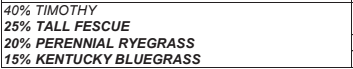 The image shows a list with proportions: 40% Timothy, 25% Tall Fescue, 20% Perennial Ryegrass, and 15% Kentucky Bluegrass.