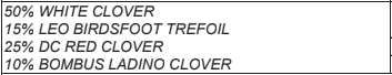 A printed list showing 50% White Clover, 15% Leo Birdsfoot Trefoil, 25% DC Red Clover, and 10% Bombus Ladino Clover in a tabular format.