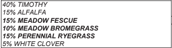 The image shows a list of seed percentages: 40% timothy, 15% alfalfa, 15% meadow fescue, 10% meadow bromegrass, 15% perennial ryegrass, and 5% white clover.
