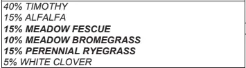 The image shows a list of seed percentages: 40% timothy, 15% alfalfa, 15% meadow fescue, 10% meadow bromegrass, 15% perennial ryegrass, and 5% white clover.