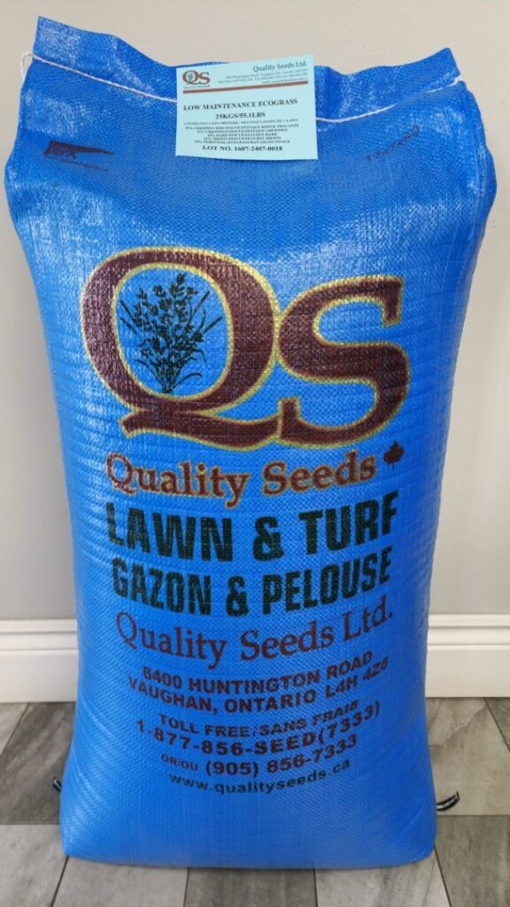 A blue bag labeled "Quality Seeds Ltd." for lawn and turf, located in Vaughan, Ontario, lies on a wooden floor indoors.