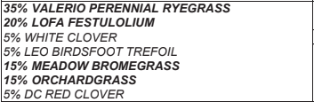 A list detailing the composition of a seed mix, including ryegrass, festulolium, clover, birdsfoot trefoil, bromegrass, and orchardgrass percentages.