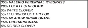 A list detailing the composition of a seed mix, including ryegrass, festulolium, clover, birdsfoot trefoil, bromegrass, and orchardgrass percentages.