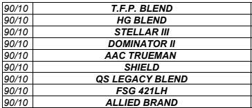 A table lists blends with a 90/10 ratio: T.F.P. Blend, HG Blend, Stellar III, Dominator II, AAC Trueman, Shield, QS Legacy Blend, FSG 421LH, and Allied Brand.