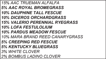 The image lists various grass and clover species with their corresponding percentages, such as AAC Trueman Alfalfa (15%) and Bombus Ladino Clover (2%).