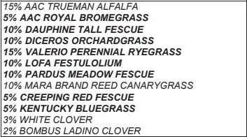 The image lists various grass and clover species with their corresponding percentages, such as AAC Trueman Alfalfa (15%) and Bombus Ladino Clover (2%).