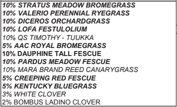 A seed mixture list including various grass types such as Meadow Bromengrass, Orchardgrass, Tall Fescue, Kentucky Bluegrass, and White Clover.