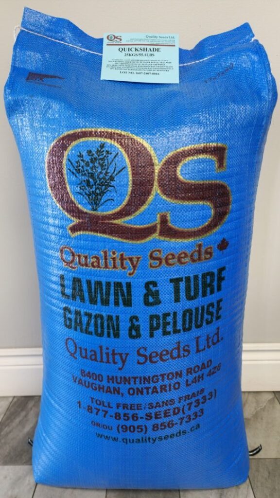 A blue bag labeled "Quality Seeds Ltd." for lawn and turf, with contact details in Vaughan, Ontario. It includes "QS" and a "Quickshade" label.