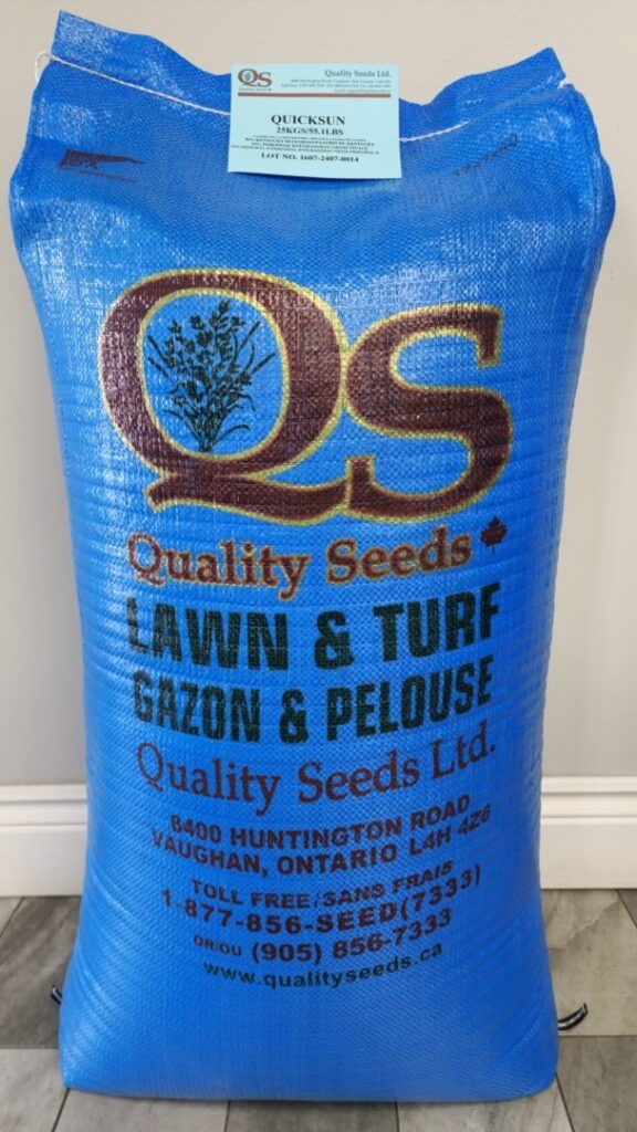 A blue bag of Quality Seeds Ltd. for lawn and turf. Contact details and address in Vaughan, Ontario are printed on it.
