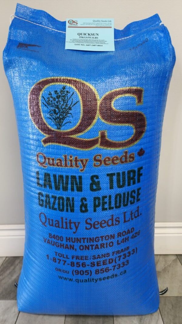 A blue bag of Quality Seeds Ltd. for lawn and turf. Contact details and address in Vaughan, Ontario are printed on it.