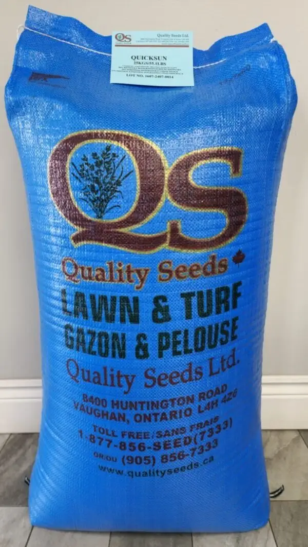 A blue bag of Quality Seeds Ltd. for lawn and turf. Contact details and address in Vaughan, Ontario are printed on it.