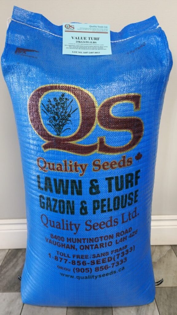 A blue bag labeled "Quality Seeds Ltd.," containing lawn and turf seeds, with detailed product information and company contact details in Vaughan, Ontario.