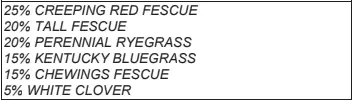 A list of grass seed mixture components: 25% Creeping Red Fescue, 20% Tall Fescue, 20% Perennial Ryegrass, 15% Kentucky Bluegrass, 15% Chewings Fescue, 5% White Clover.