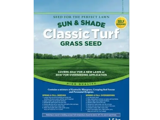 The image displays packaging for "Classic Turf Grass Seed," suitable for sun and shade, covering 40m² for new lawns or 80m² for overseeding application.