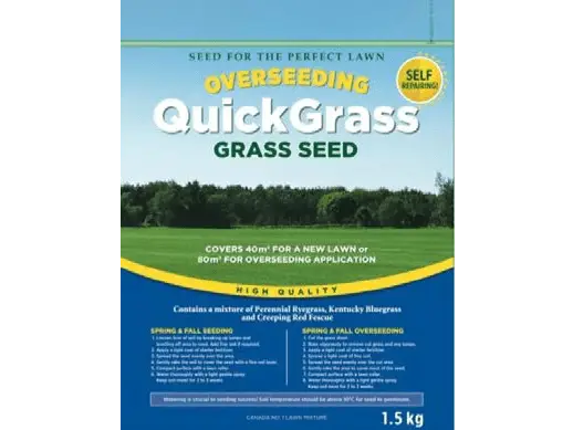 This is a package of QuickGrass Overseeding Grass Seed, featuring high-quality seed for a perfect lawn. The package weighs 1.5 kg and has instructions.