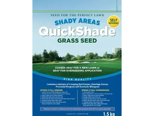 A package of QuickShade grass seed for shady areas, promoting high-quality seeding. Covers 40-80m² with Creeping Red Fescue, Chewings Fescue, Ryegrass, and Kentucky Bluegrass.