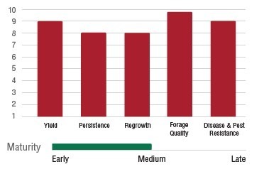 A bar graph displays ratings of yield, persistence, regrowth, forage quality, and disease/pest resistance, with maturity ranging from early to late.