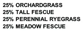The image lists grass seed types with their respective percentages: 25% Orchardgrass, 25% Tall Fescue, 25% Perennial Ryegrass, and 25% Meadow Fescue.