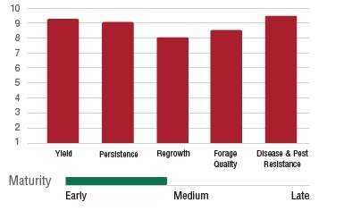 A bar graph comparing maturity stages with yield, persistence, regrowth, forage quality, and disease & pest resistance. Early maturity is highlighted in green.