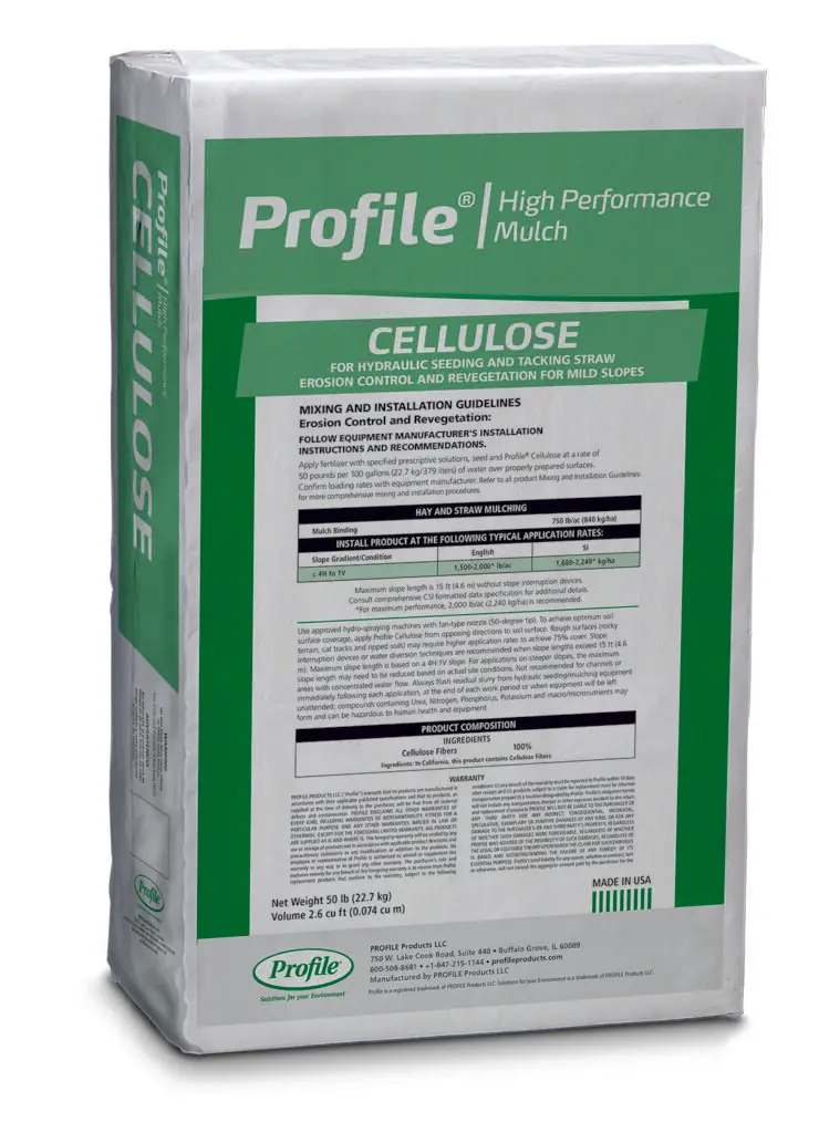 A bag of Profile High Performance Mulch made from cellulose fibers, designed for hydraulic seeding, erosion control, and revegetation, weighing 50 lbs.