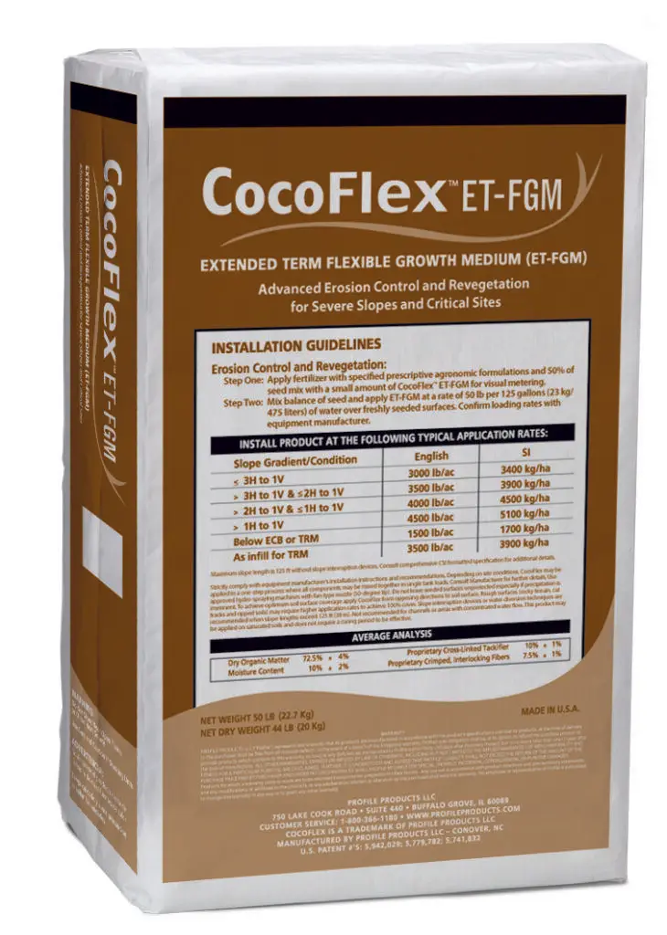 The image shows a white package with "CocoFlex ET-FGM" label for erosion control and revegetation, listing detailed installation guidelines and application rates.