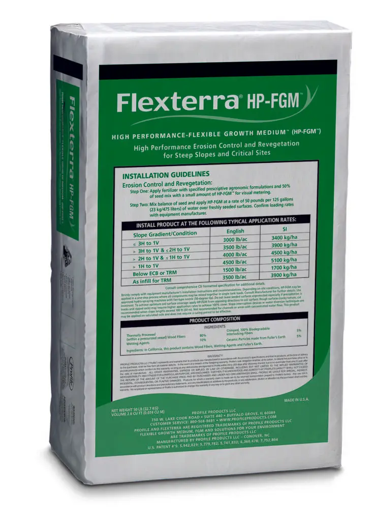 A green and white bag of Flexterra HP-FGM, labeled as high-performance flexible growth medium, with detailed installation guidelines and product composition.