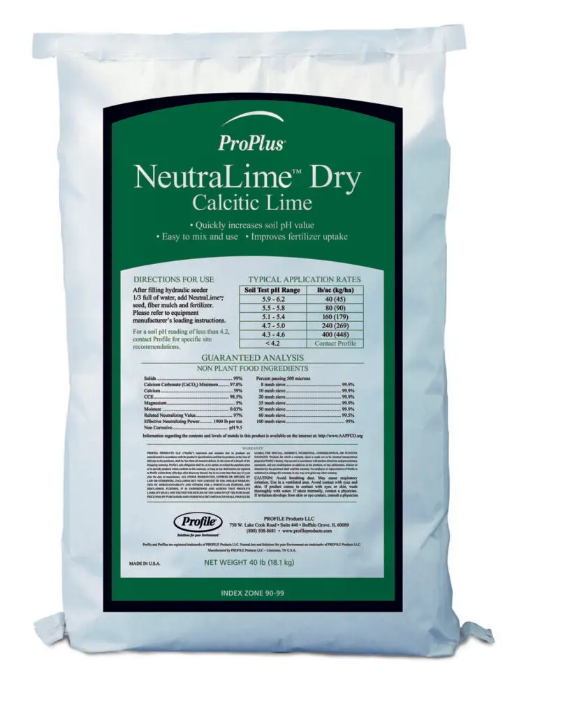 A bag of ProPlus NeutraLime Dry Calcitic Lime fertilizer with directions, application rates, and chemical analysis displayed on the front.