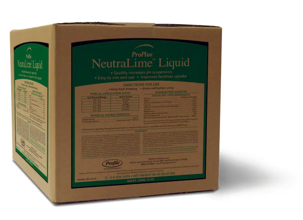 A brown box with green labeling contains ProPlus NeutraLime Liquid. The label details application rates, physical characteristics, and instructions for use.
