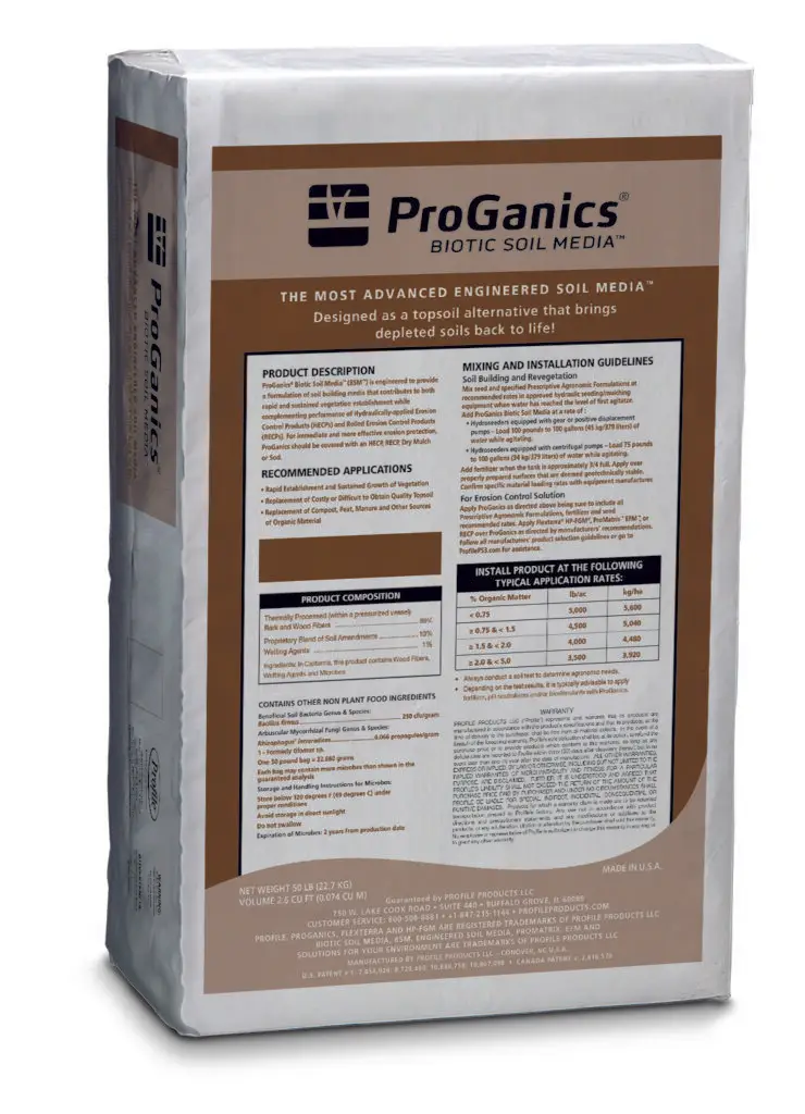 The image shows a bag of ProGanics Biotic Soil Media with detailed product information, application guidelines, and composition written on the front.