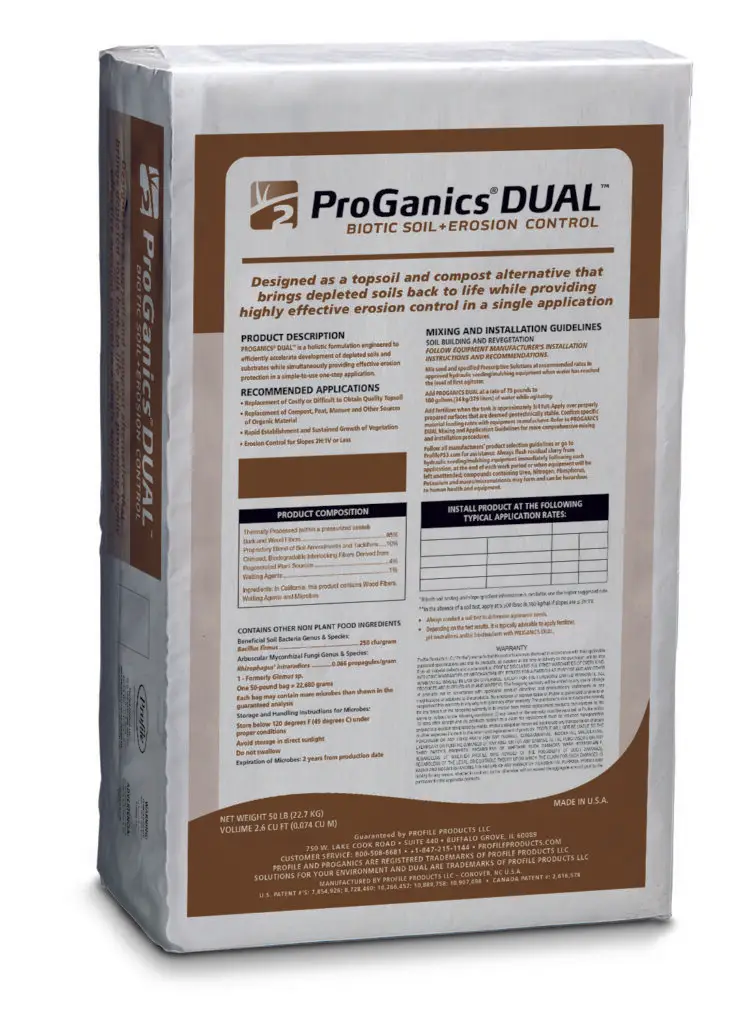 A 50 lb bag of ProGanics DUAL Biotic Soil+Erosion Control, featuring product description, recommended applications, mixing guidelines, and composition details on the packaging.