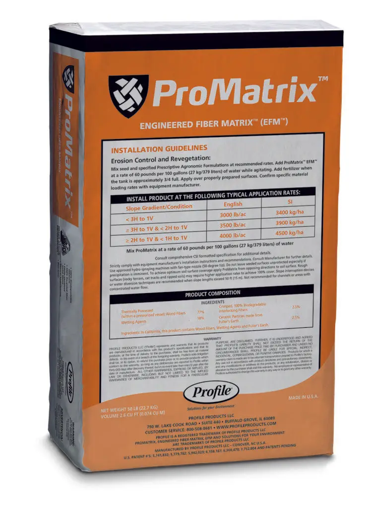 This image features a bag of ProMatrix Engineered Fiber Matrix, detailing installation guidelines and product composition for erosion control and revegetation.