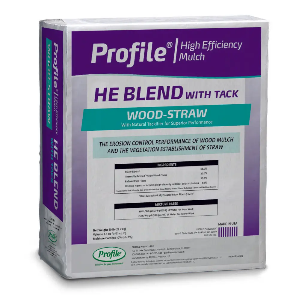 A bag of Profile High Efficiency Mulch, HE Blend with Tack, Wood-Straw, for erosion control and vegetation establishment, weighing 50 lbs.
