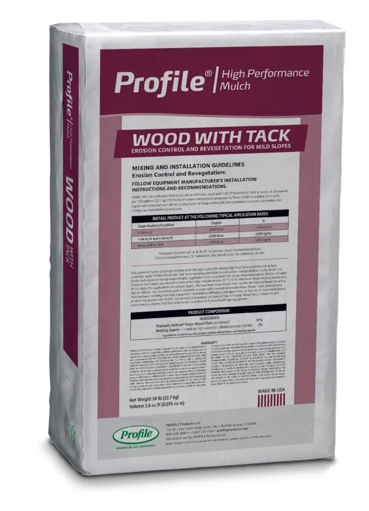 A bag of "Profile High Performance Mulch" labeled "Wood with Tack," featuring instructions and product composition details for erosion control and revegetation.