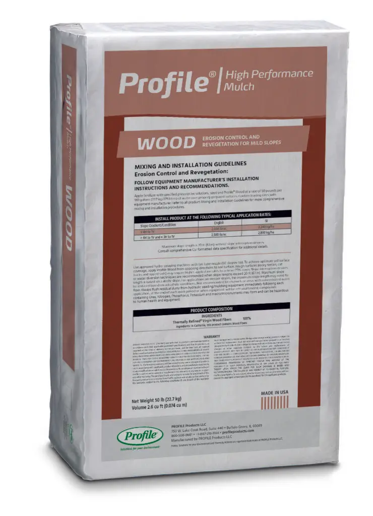 A bag labeled "Profile High Performance Mulch" for erosion control and revegetation, containing thermally refined virgin wood fibers, with detailed mixing and installation guidelines.