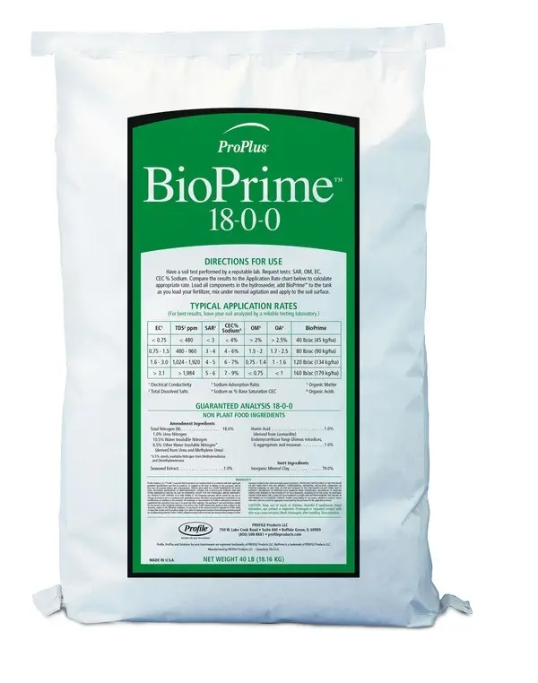 A white bag labeled "BioPrime 18-0-0" with application directions and product details. Net weight: 40 lb (18.16 kg).