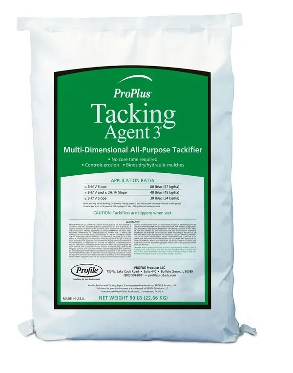 The image shows a 50 lb bag of ProPlus Tacking Agent 3, used for controlling erosion and binding mulches, with application rates and caution details.